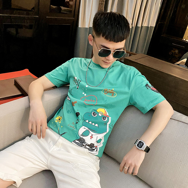 男士夏季半袖韩版潮流学生宽松百搭圆领印花短袖T恤时尚修身上衣