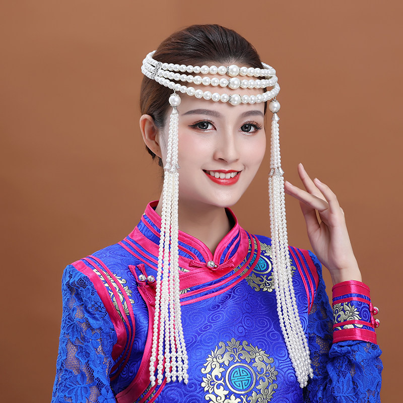 蒙古族头饰女高档手工串珠珠蒙古舞蹈演出发饰服装长链新娘发饰