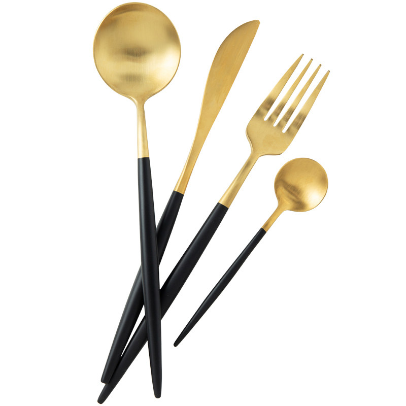 米立风物ins北欧拉丝黑金牛排刀叉筷子套装不锈钢西餐餐具套装