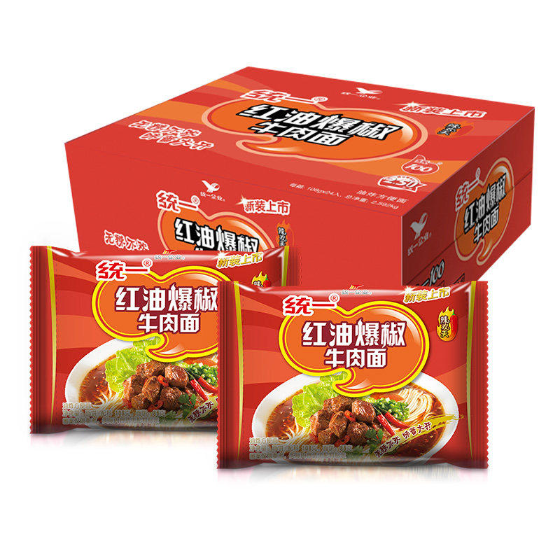 统一红油爆椒牛肉面整箱24袋方便面袋装泡面宵夜方便面