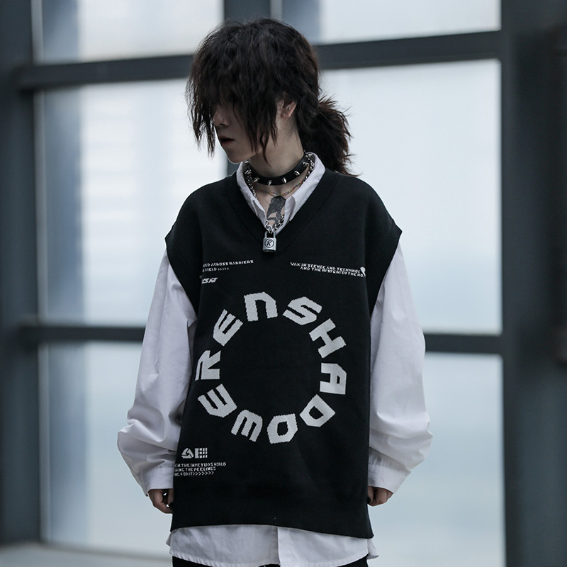 ENSHADOWER隐蔽者潮牌字母圆环V领毛衣背心秋季宽松无袖情侣马甲