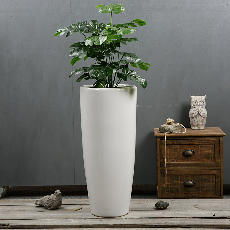 出口亮光白色落地室外陶瓷大花盆 高筒花瓶炮筒形高度80厘米软装