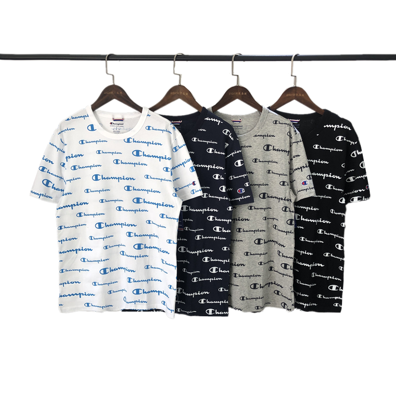 新品现货美版 champion 草写小字母满版印花 男女情侣短袖T恤春夏