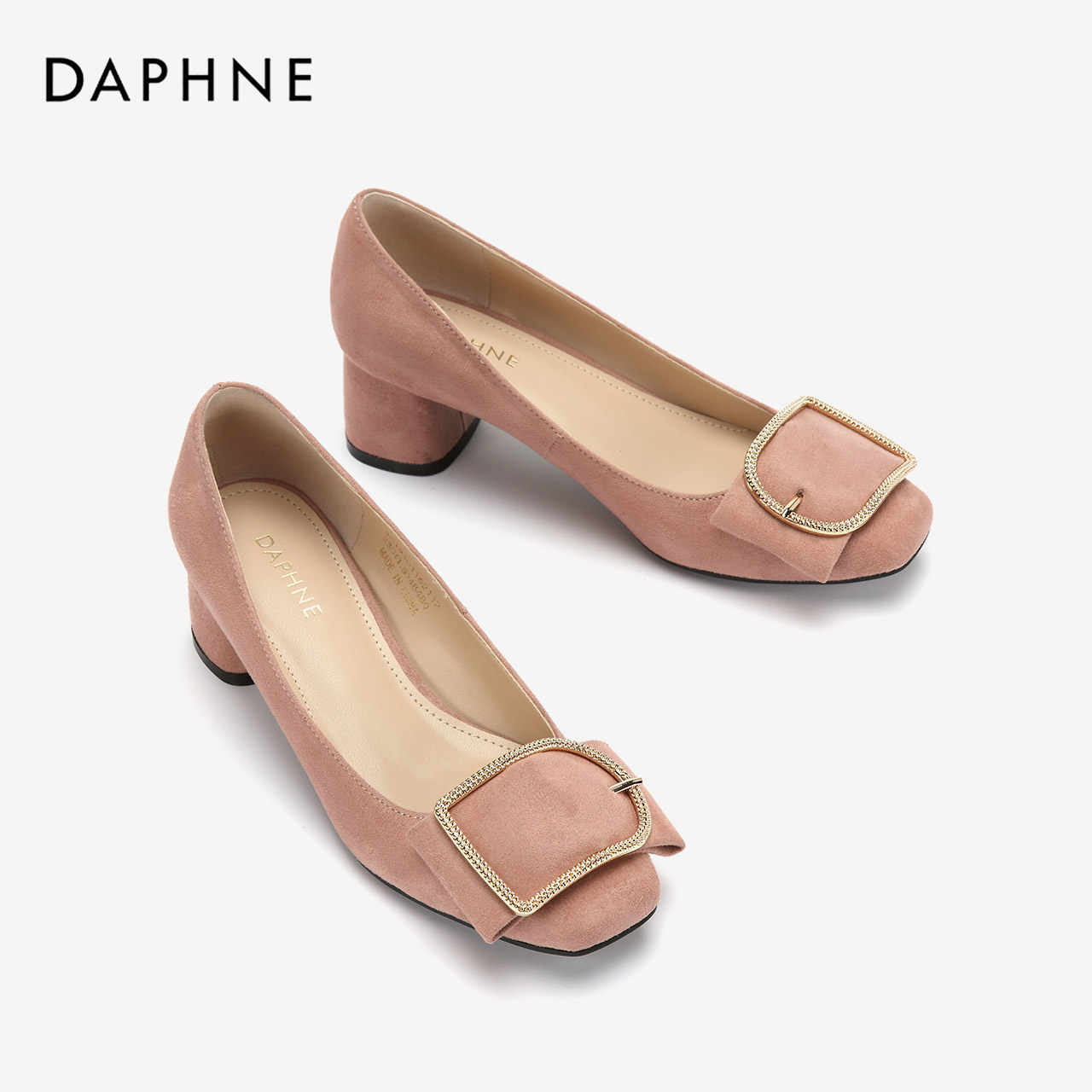 达芙妮单鞋女2019秋季新款浅口粗跟高跟鞋绒面方头舒适中跟工作鞋