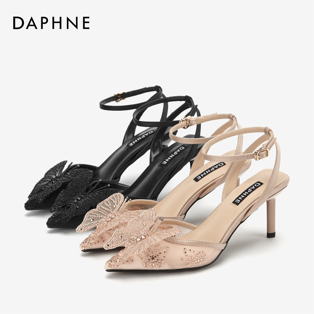 达芙妮2020年秋夏新款细跟单鞋水钻尖头包头一字带黑色高跟凉鞋女
