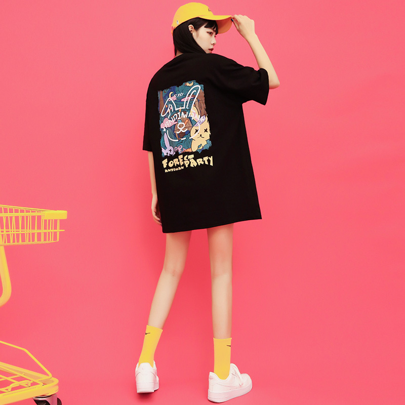 潮牌夏季短袖t恤女圆领宽松中长款网红2022韩版新款百搭学生体恤