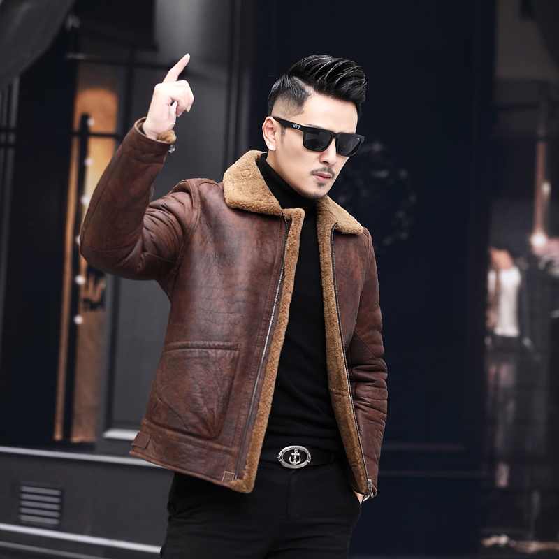 西班牙原生态羊皮毛一体男海宁皮衣翻领皮草外套真皮大衣冬装夹克