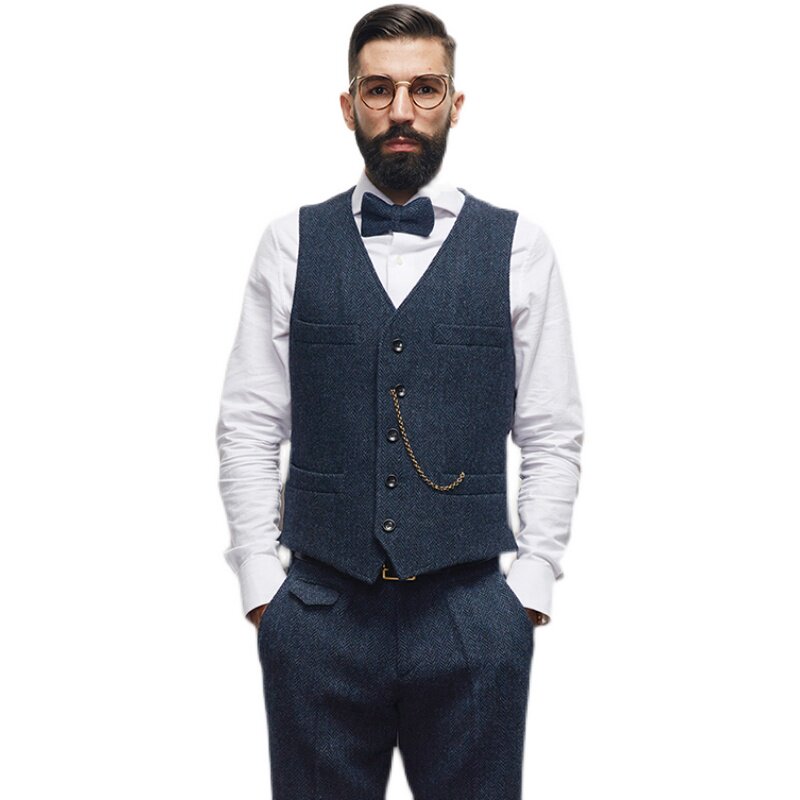 秋冬英式复古羊毛人字纹马甲男保暖粗花呢坎肩休闲马夹古着雅痞