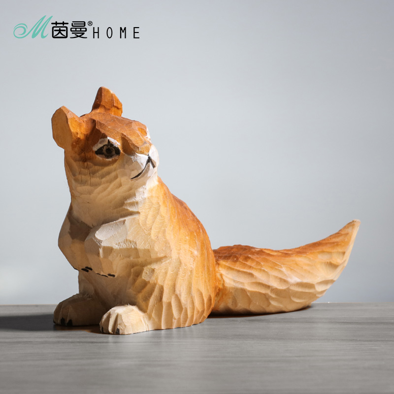 茵曼home实木木制手工工艺松鼠 家居饰品手工雕刻 动物木雕摆件