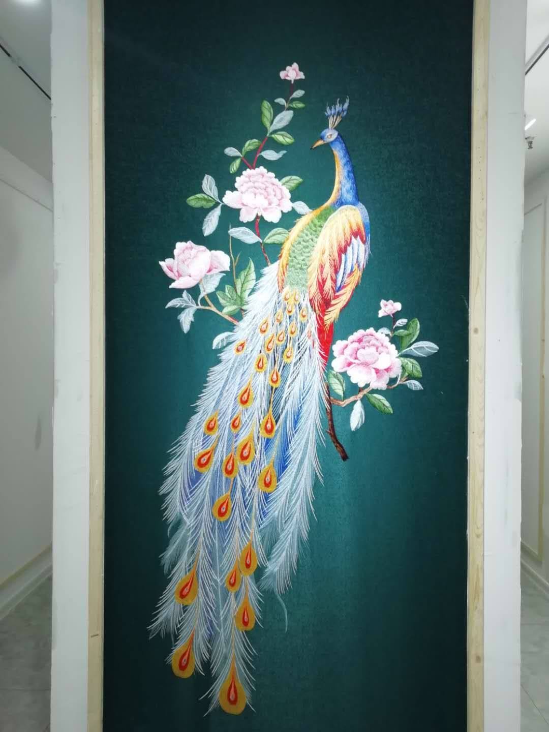 独秀孔雀玄关墙布走廊现代门厅独绣刺绣苏绣无缝墙布