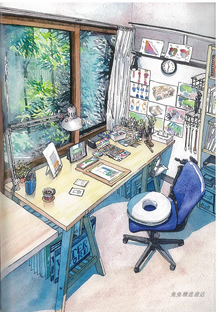 东京店铺水彩手绘插画钢笔淡彩动漫场景绘画设计素材