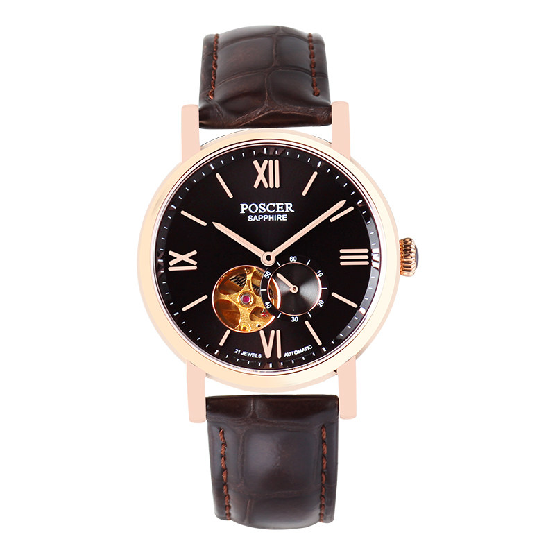 poscer宝时捷真皮皮带复古镂空蓝宝石防水机械男女国产腕表