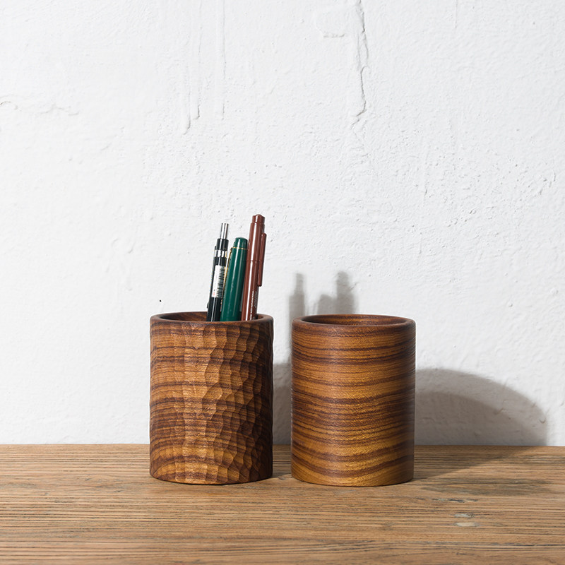 手作木器缅甸柚木笔筒手工雕刻实木木制办公笔筒