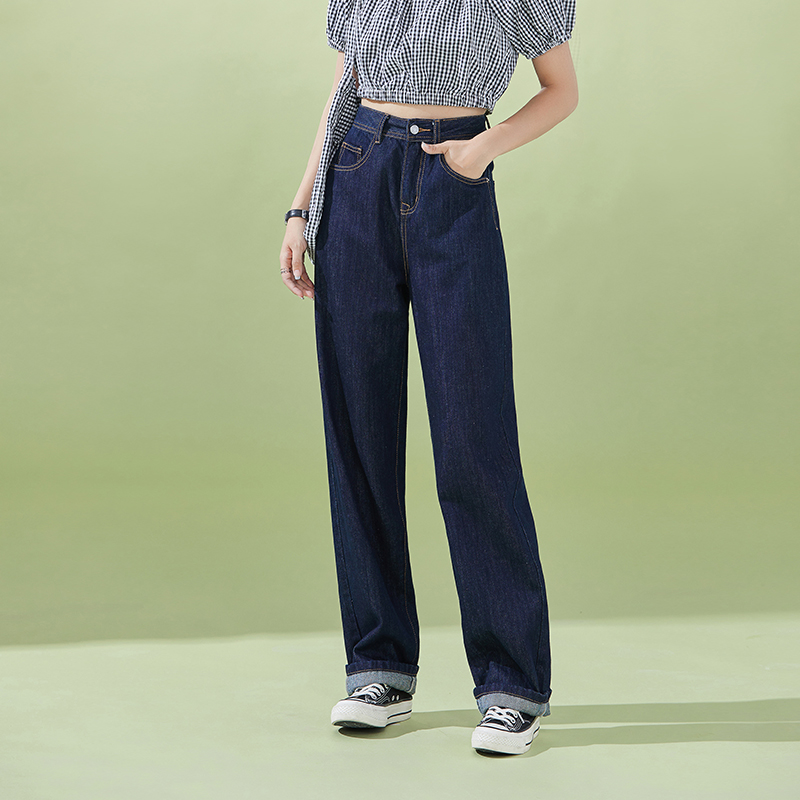 欧洲站高腰牛仔裤女宽松垂感2022夏新款显瘦薄款深蓝色阔腿拖地裤