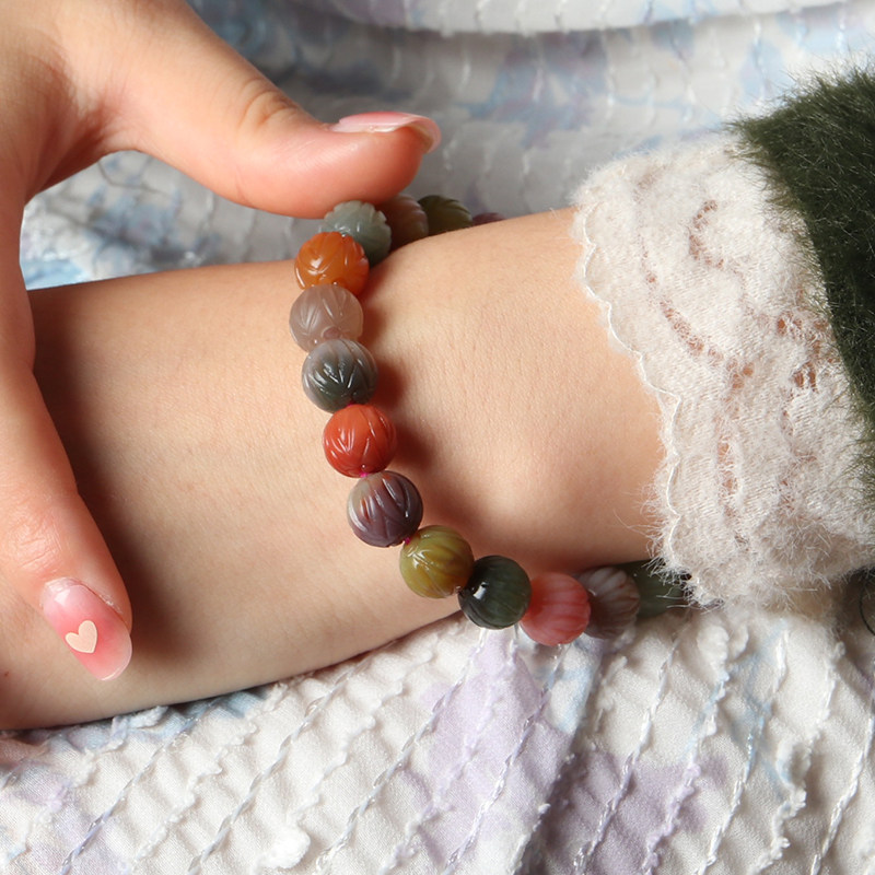 双色盐源玛瑙莲花花珠手链质地细腻润度韧性手链