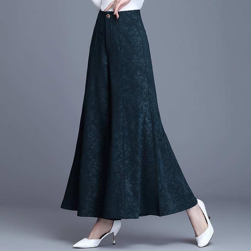 印花荷花裤裙裙裤舞裤秋季新款高腰阔腿中老年休闲裤