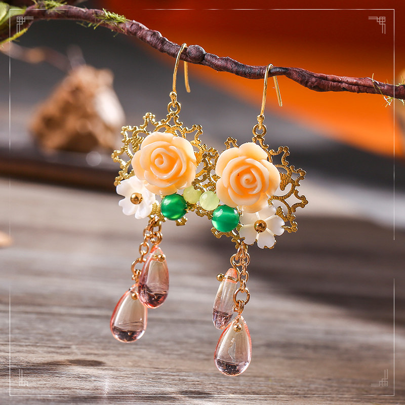 黄色玫瑰花耳环女长款古装汉服耳坠复古宫廷百搭耳环