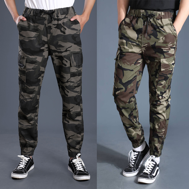 纯棉春秋款弹力迷彩裤子男宽松耐磨松紧腰小脚裤工装裤潮牌工作裤