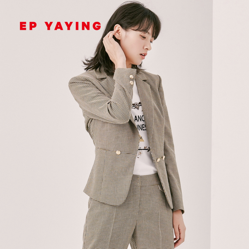 epyaying雅莹女装气质收腰复古千鸟格亚麻西装外套西装