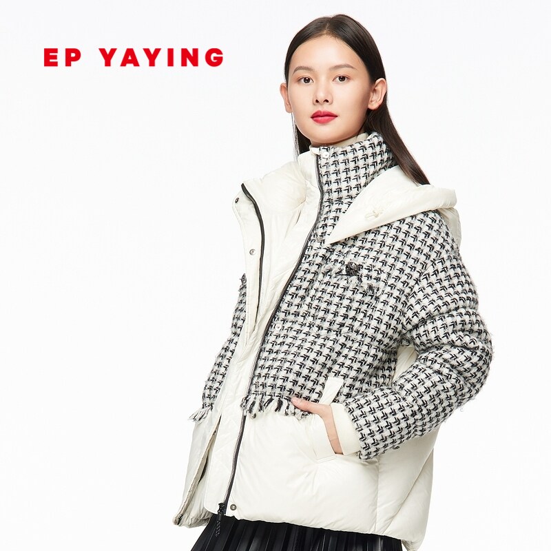epyaying雅莹女装小香风羊毛花呢白鸭绒羽绒服2021秋冬新y110a