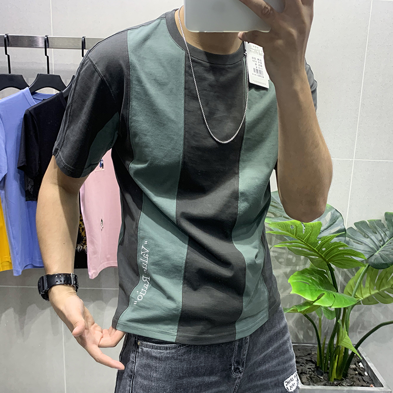 2022夏季新款拼色短袖t恤男圆领纯棉竖条纹潮流韩版修身打底衫男