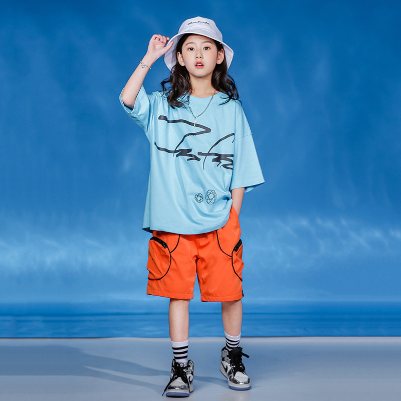 儿童街舞潮服嘻哈短袖爵士舞服装女童hiphop潮装儿童演出服