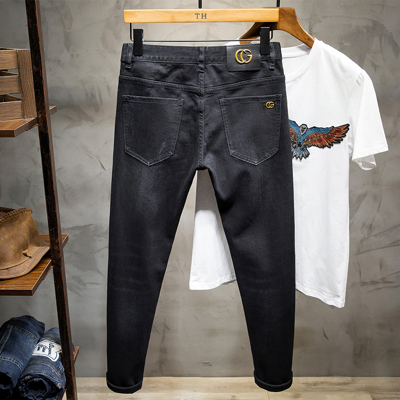 黑色牛仔裤男秋冬厚款加绒潮流弹力修身小脚欧美潮牌高端长裤秋季