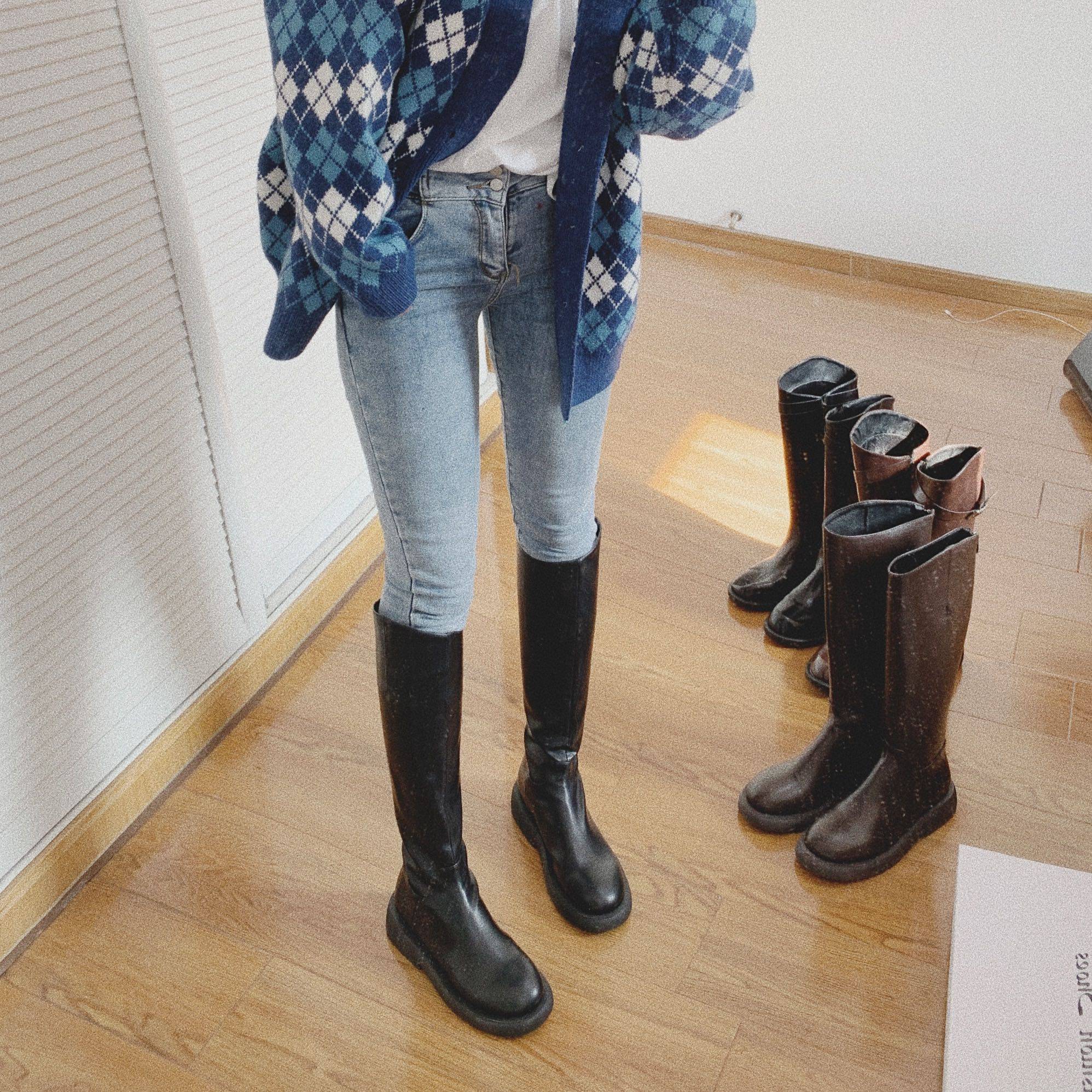 韩国显瘦骑士气质百搭瘦瘦长靴中跟拉链圆头时装靴