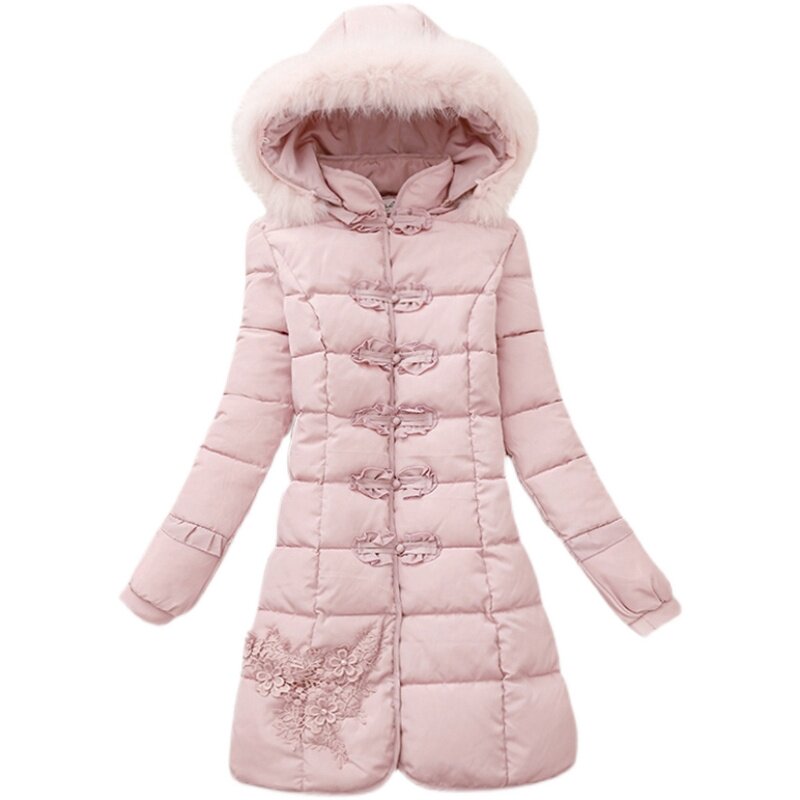 2022新款爆款粉红玛丽修身中长棉衣连帽外套羽绒服