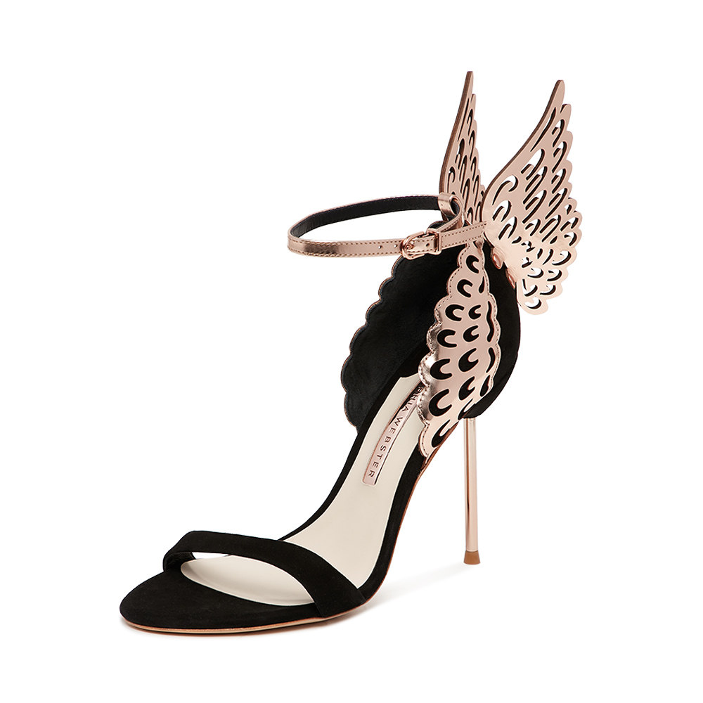 sophiawebster黑色羊反绒拼牛皮女士优雅天使翅膀细跟单鞋