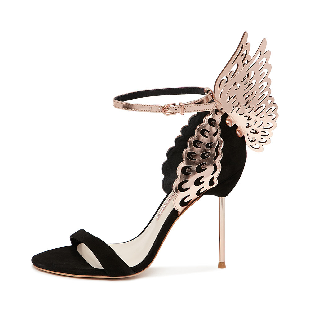 sophiawebster黑色羊反绒拼牛皮女士优雅天使翅膀细跟单鞋