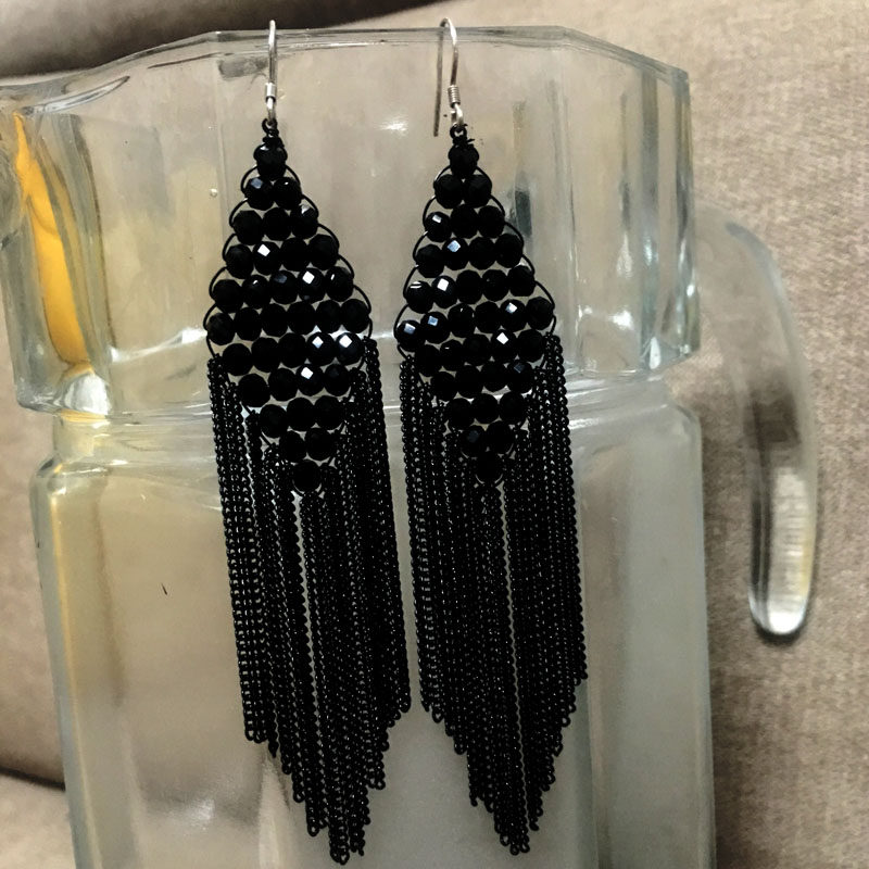 新款大气简约复古黑色流苏耳环欧美长款夸张耳环