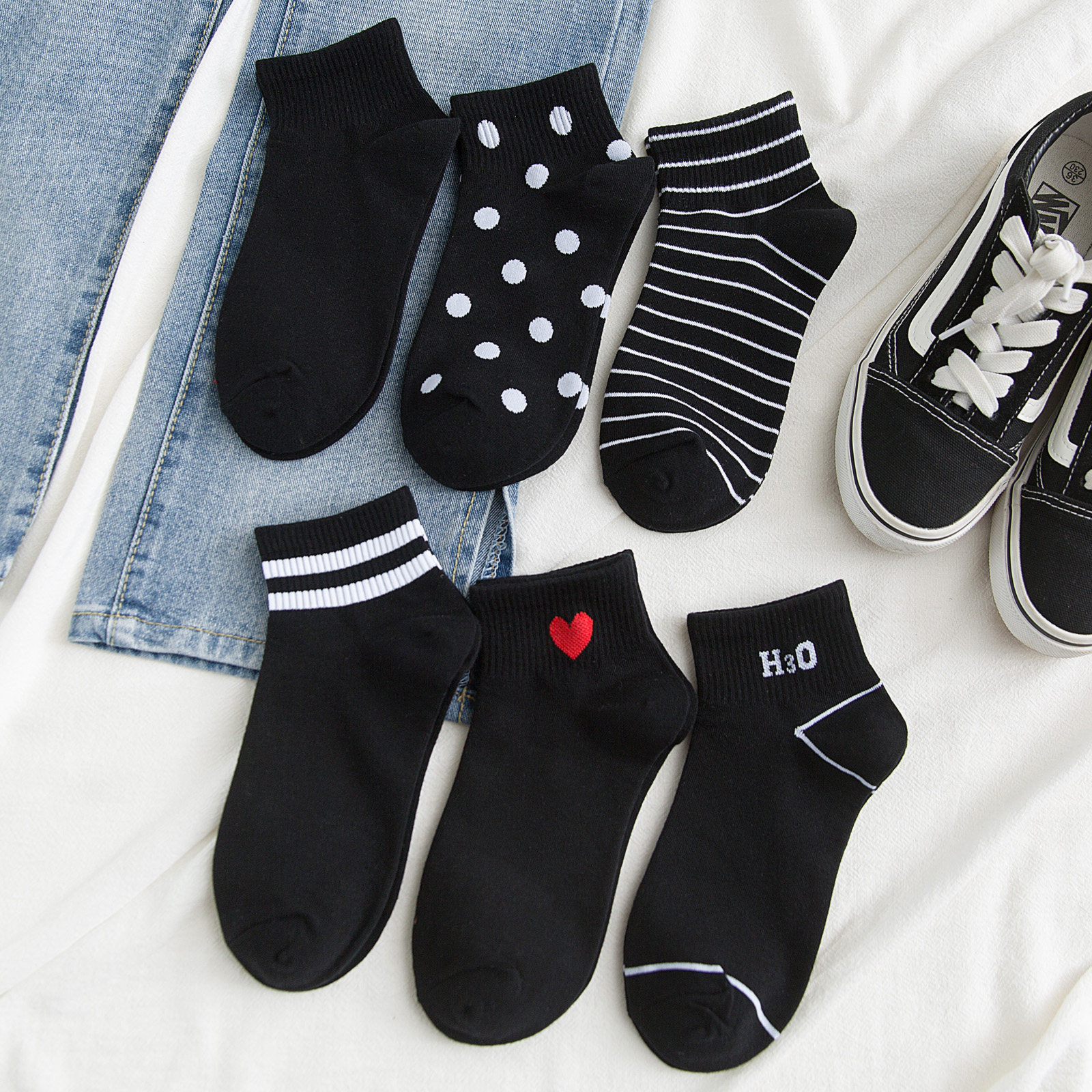 黑色袜子短袜女士浅口ins纯棉日系短款短筒船中筒袜