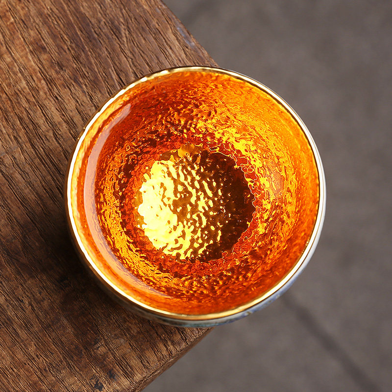 赖新奎敦煌印象金盏纯金主人杯手工鎏金建盏主人杯普洱茶杯