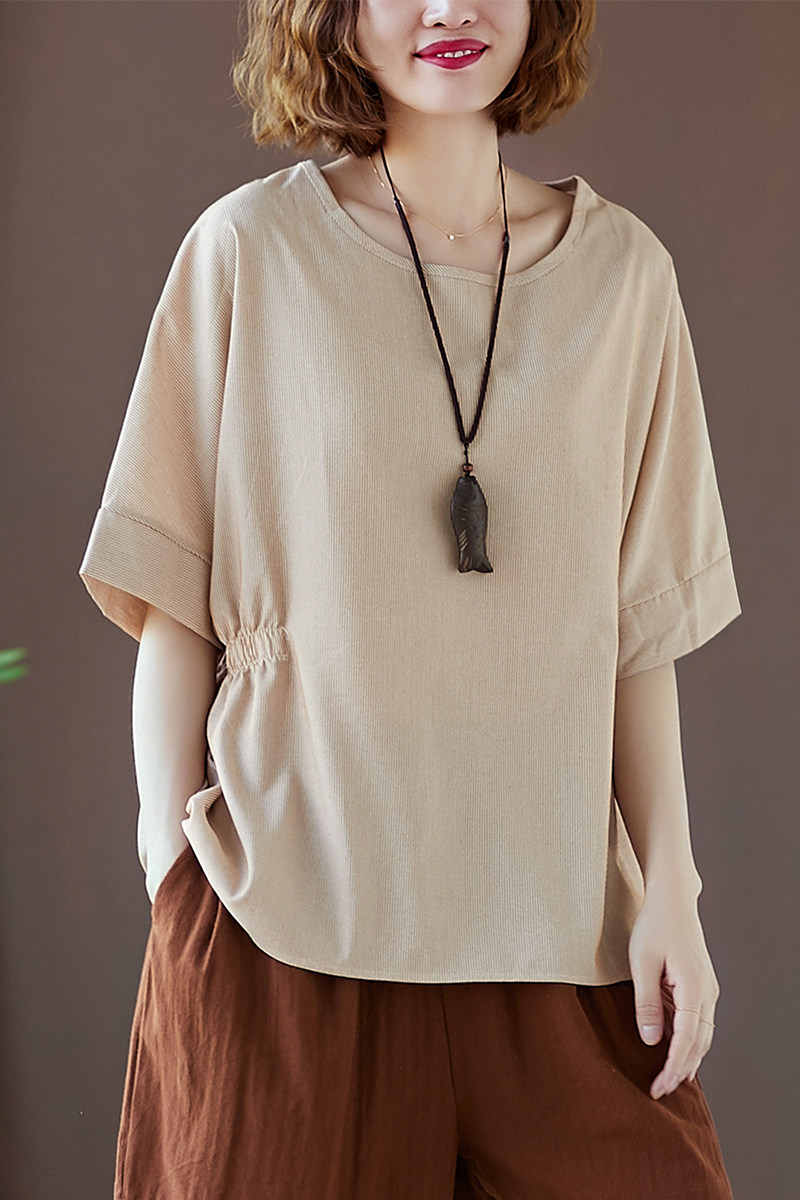 细条纹棉麻圆领松显宽松女装文艺蝙蝠新款夏新款t恤