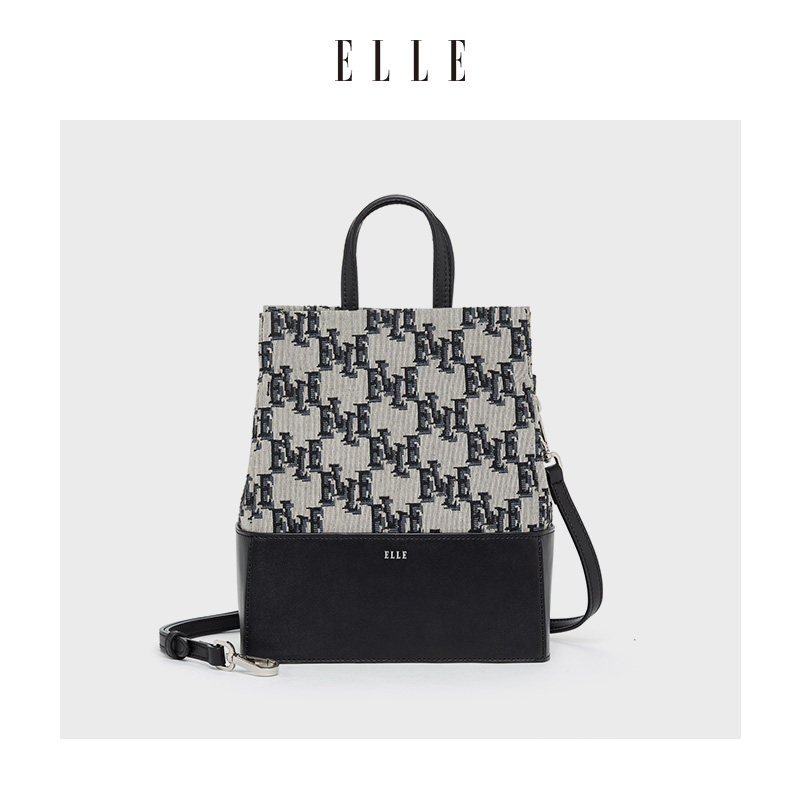 女包老花elle经典水桶logo拼接手提包单肩斜挎水桶包