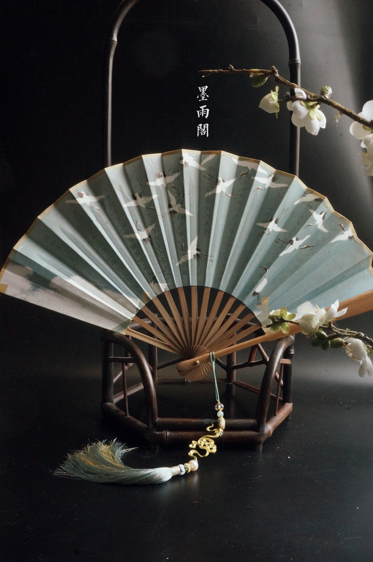 纸扇汉服男流苏扇子折扇仙鹤情侣双面雨阁古风工艺扇