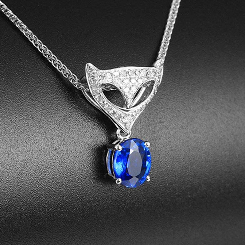 现货一件0.69克拉蓝宝石吊坠简单狐狸头18k金镶钻镶钻颈饰