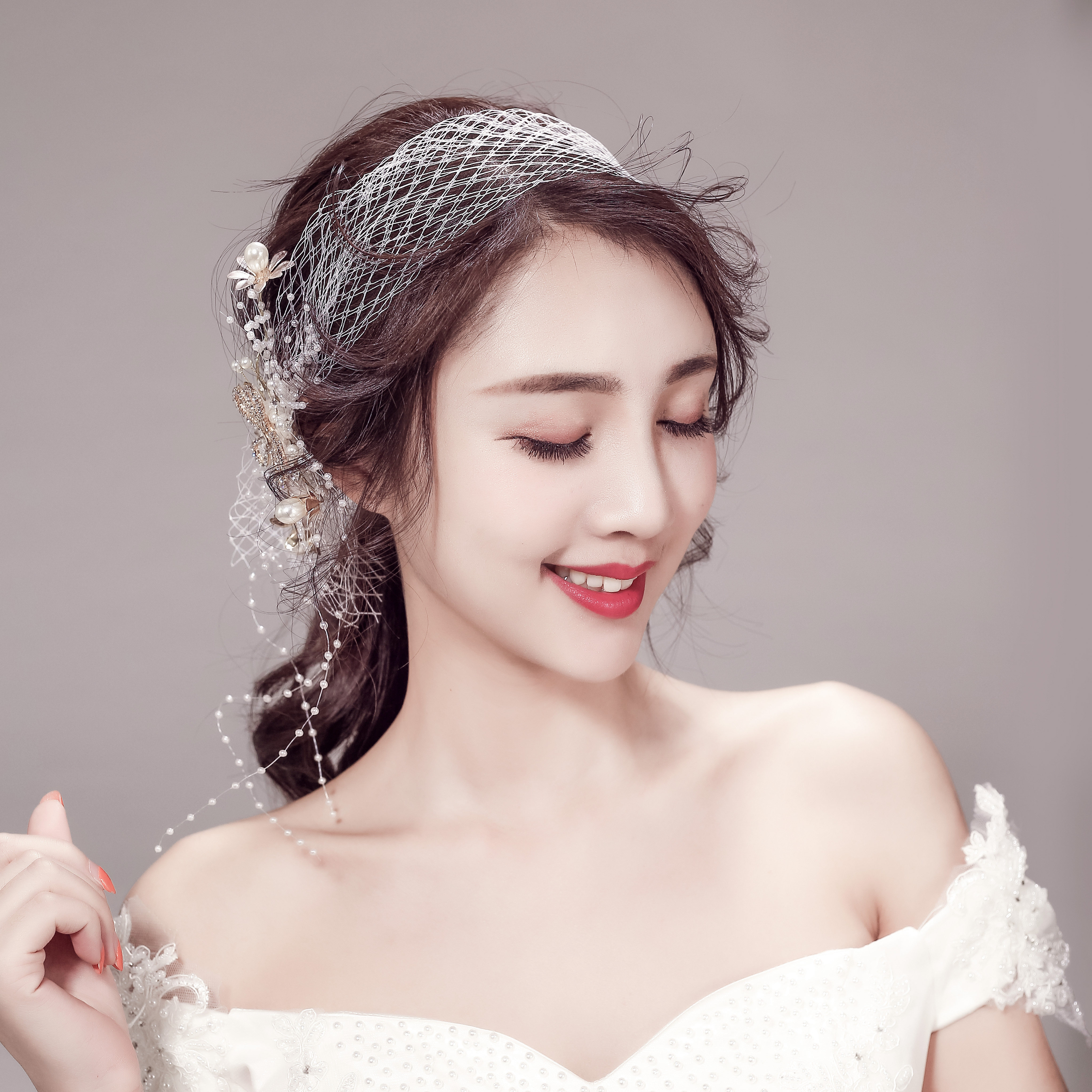 韩式新娘头饰仙仙网纱串珠发带结婚婚礼礼服造型头饰头花饰品配饰