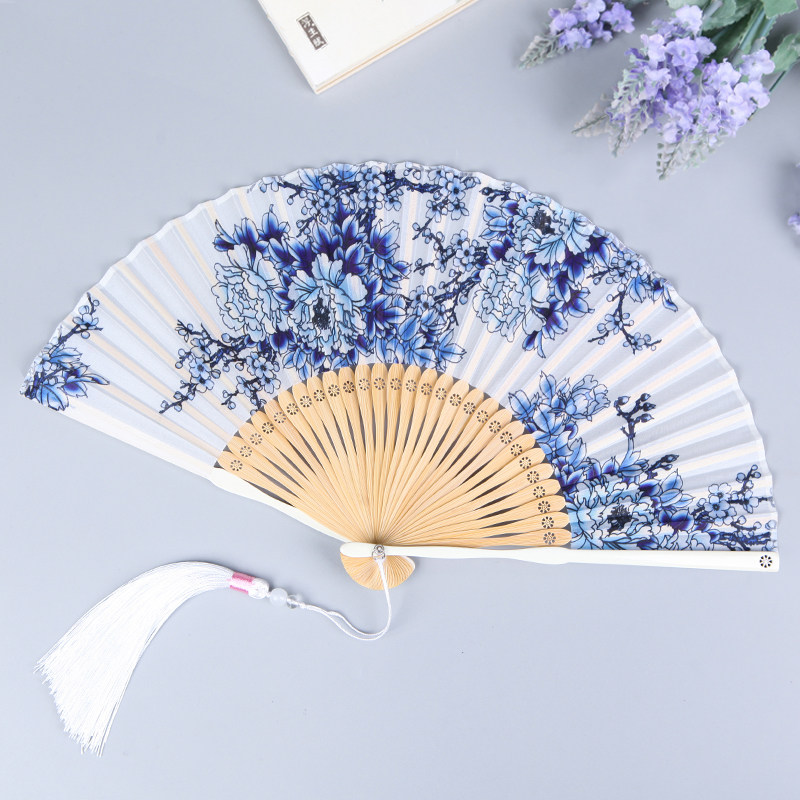 丝艺堂女士扇子中国国风青花瓷古典绫绢折扇女式扇子