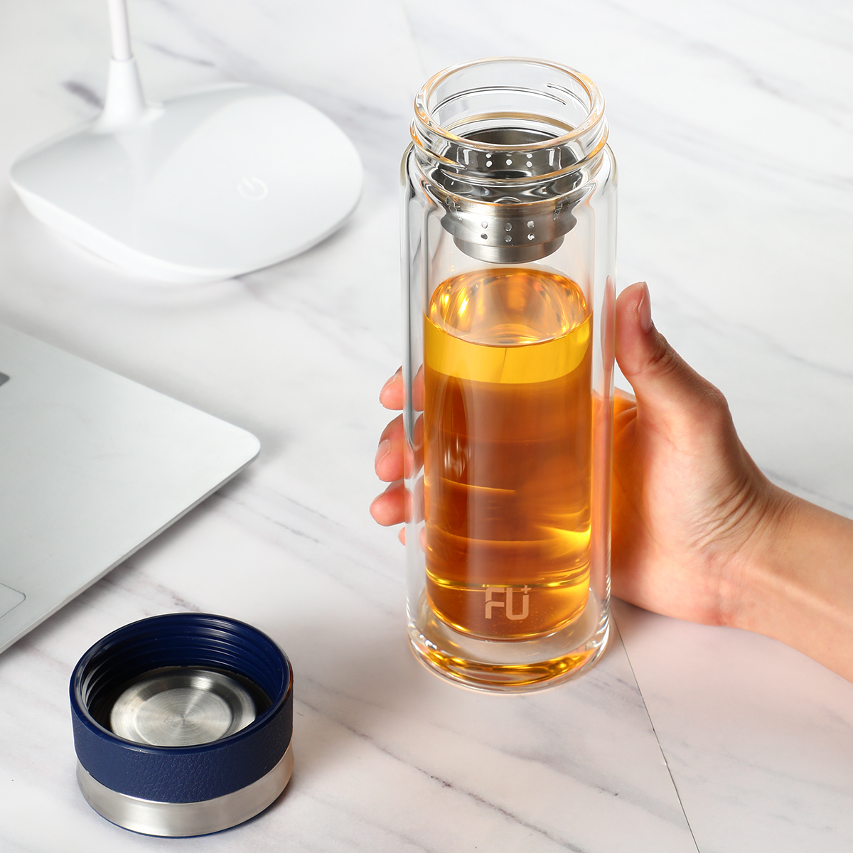 富光高档fu系列双层玻璃杯皮纹杯盖过过滤泡茶玻璃杯