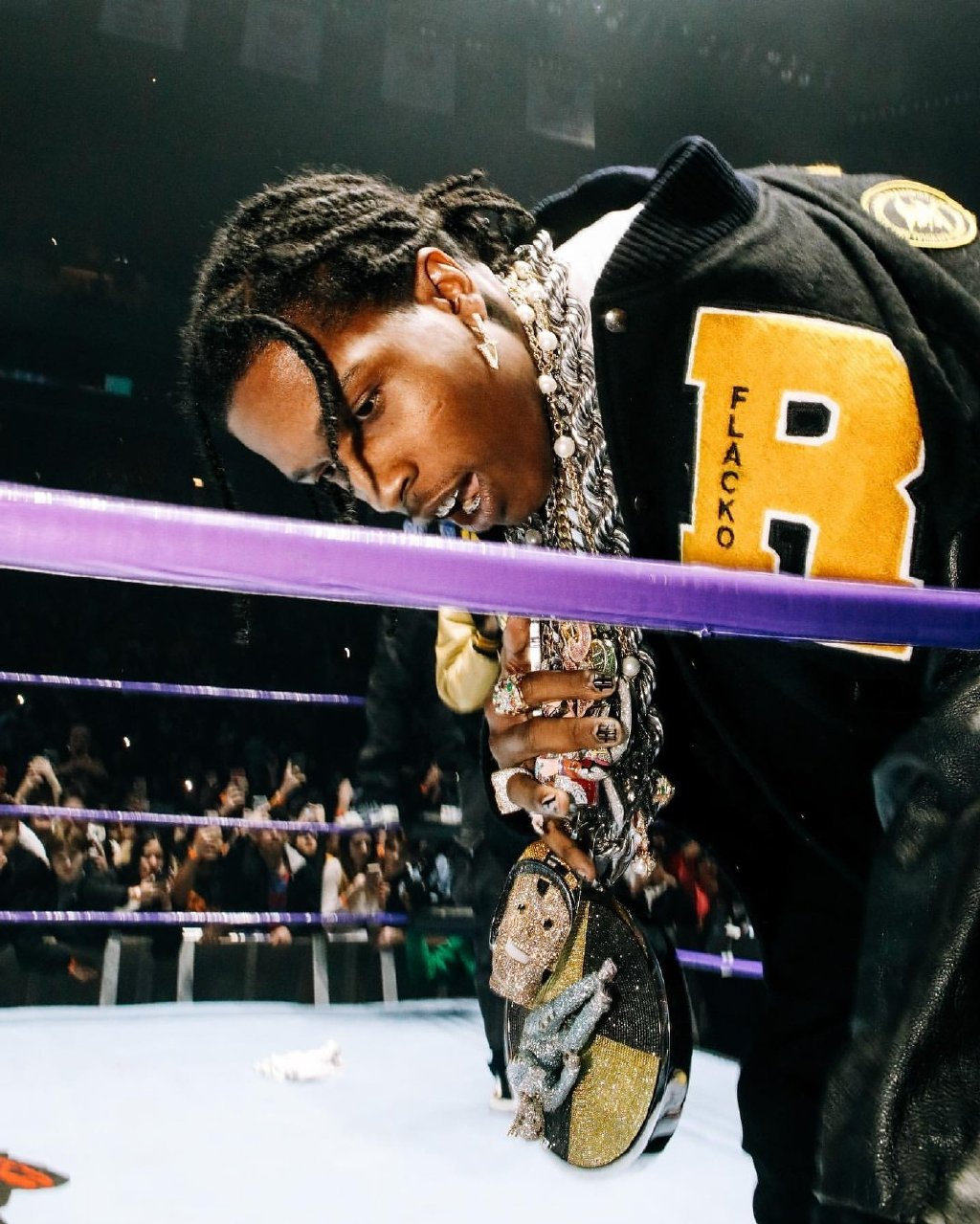 现货asaprockytestingawgeflacko毛呢刺绣皮袖棒球夹克