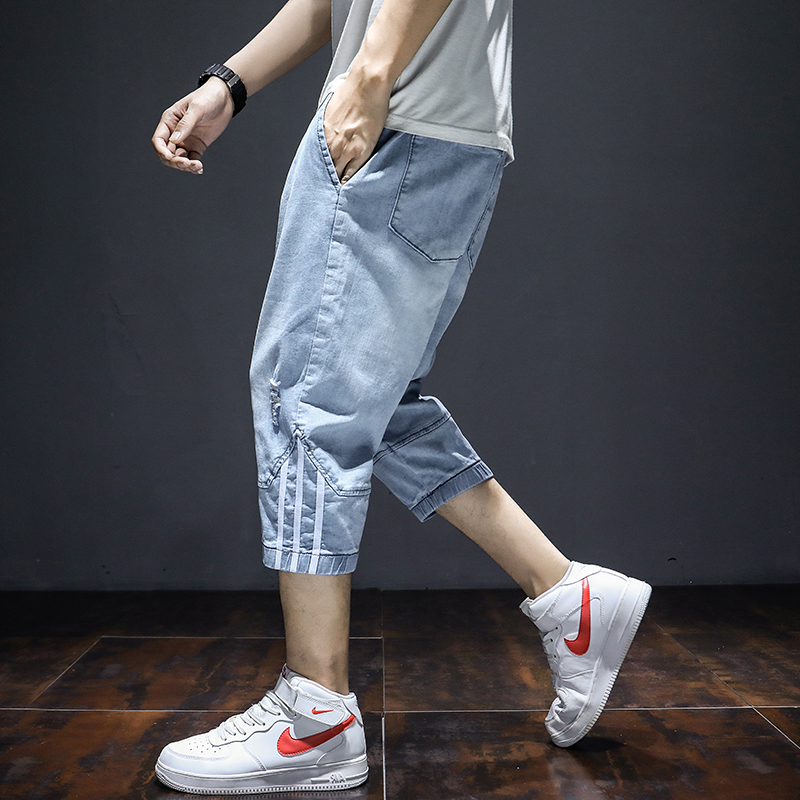 夏季日系浅色牛仔短裤男薄款宽松潮流哈伦纯棉运动小脚裤七分裤子