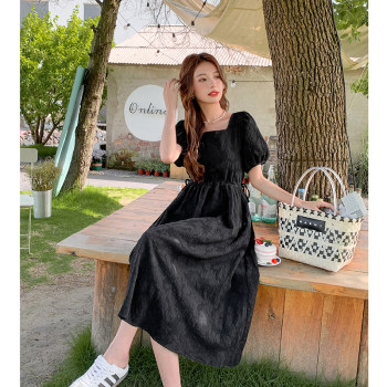 LOOLEE Jacquard Dress 2024 Summer Slim Square Neck French Drawstring Waist Dress Versatile Long Skirt