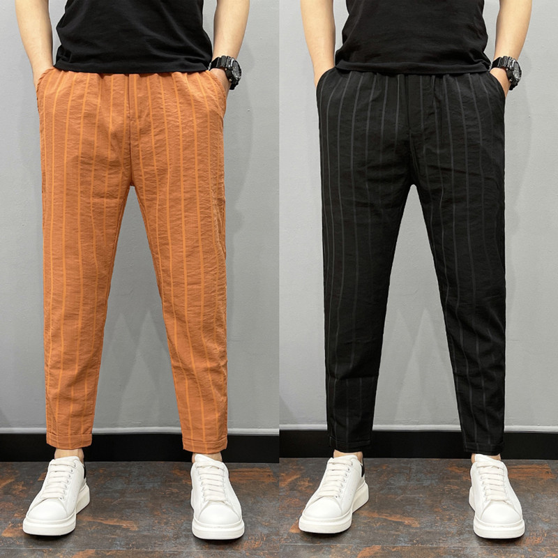 2021网红夏季男棉麻薄款小脚休闲裤宽松哈伦裤精神小伙条纹九分裤