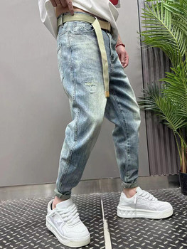 2024 Summer Slim Jeans Men's Trendy Brand New Straight Leg Harem Pants Versatile Washed Retro Casual Nine-Point Pants