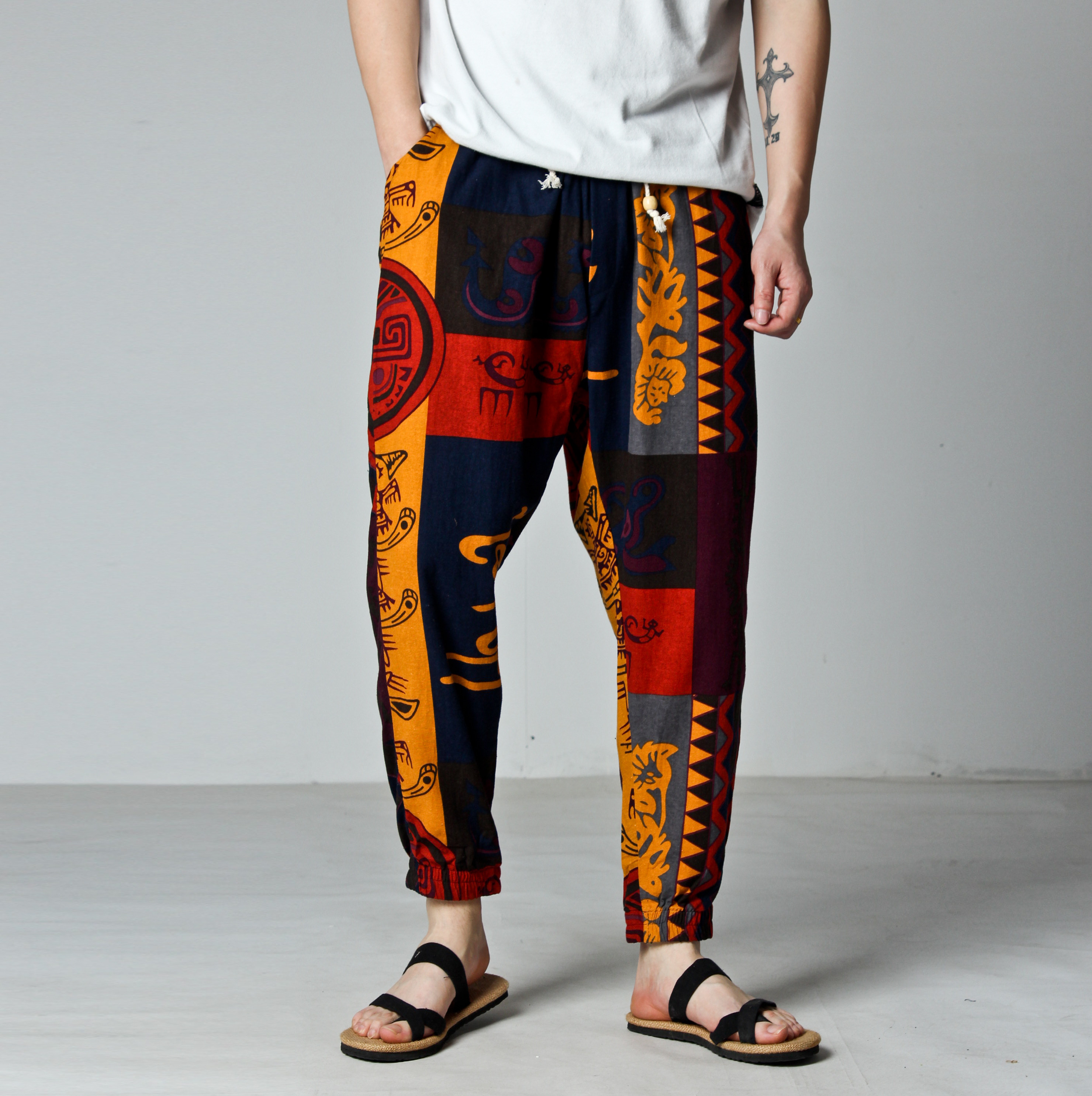 裤子男花纹潮款印花夏季防蚊裤大人泰国服装民族风棉麻装亚麻布休