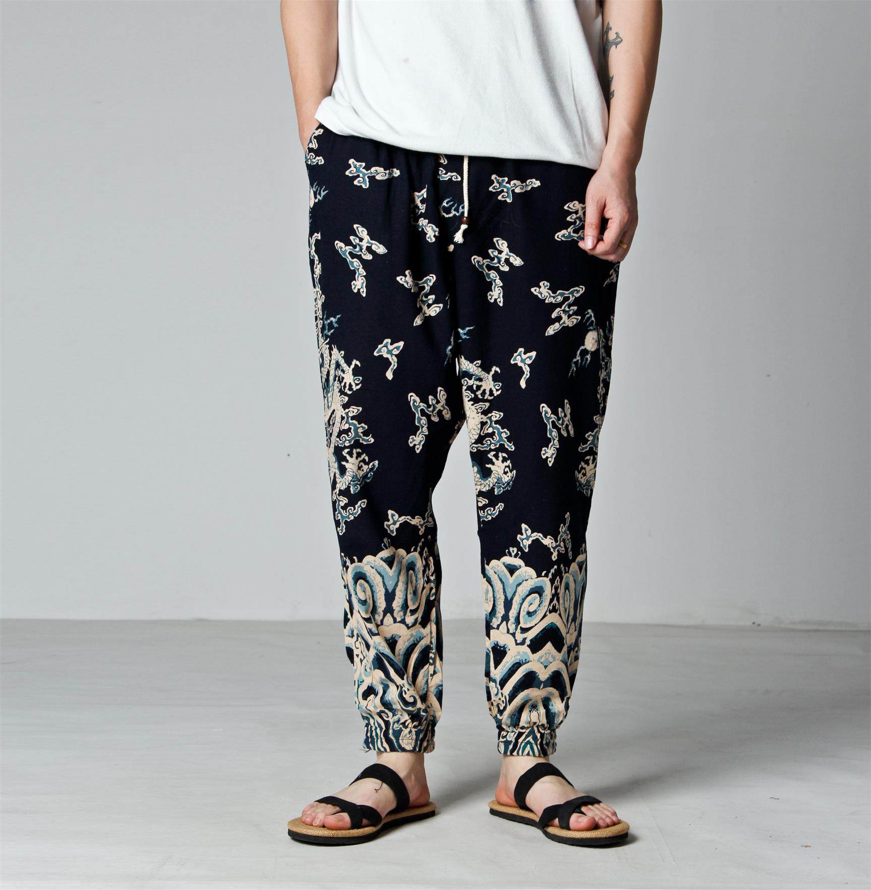 裤子男花纹潮款印花夏季防蚊裤大人泰国服装民族风棉麻装亚麻布休