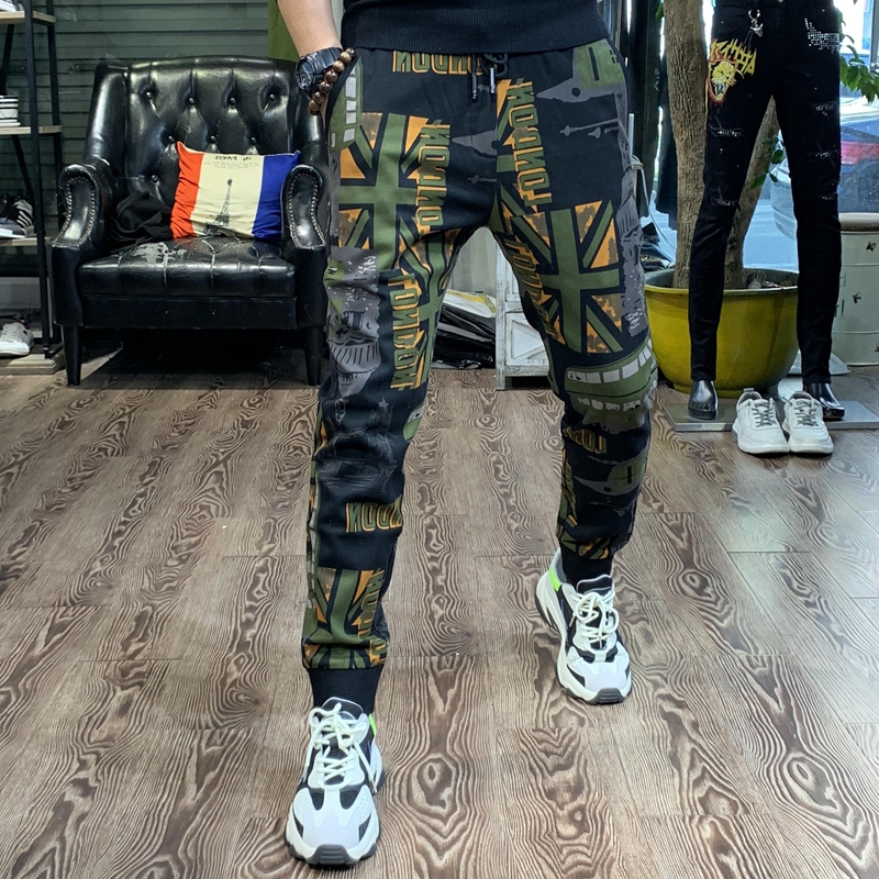 花色运动裤男潮牌 修身印花秋款哈伦裤运动小脚卫裤子男士休闲裤