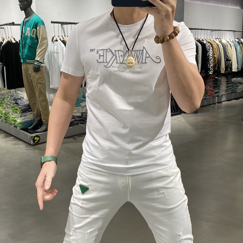 2022夏季新款潮流时尚休闲烫钻刺绣百搭修身圆领玉蚕丝短袖T恤男